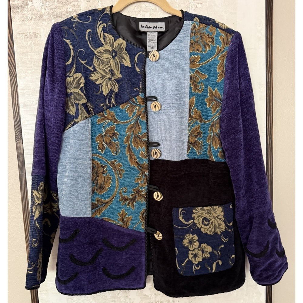 Indigo Moon Vtg 90's Womens Blue Patchwork Embroidered Floral Jacket Chenille XS